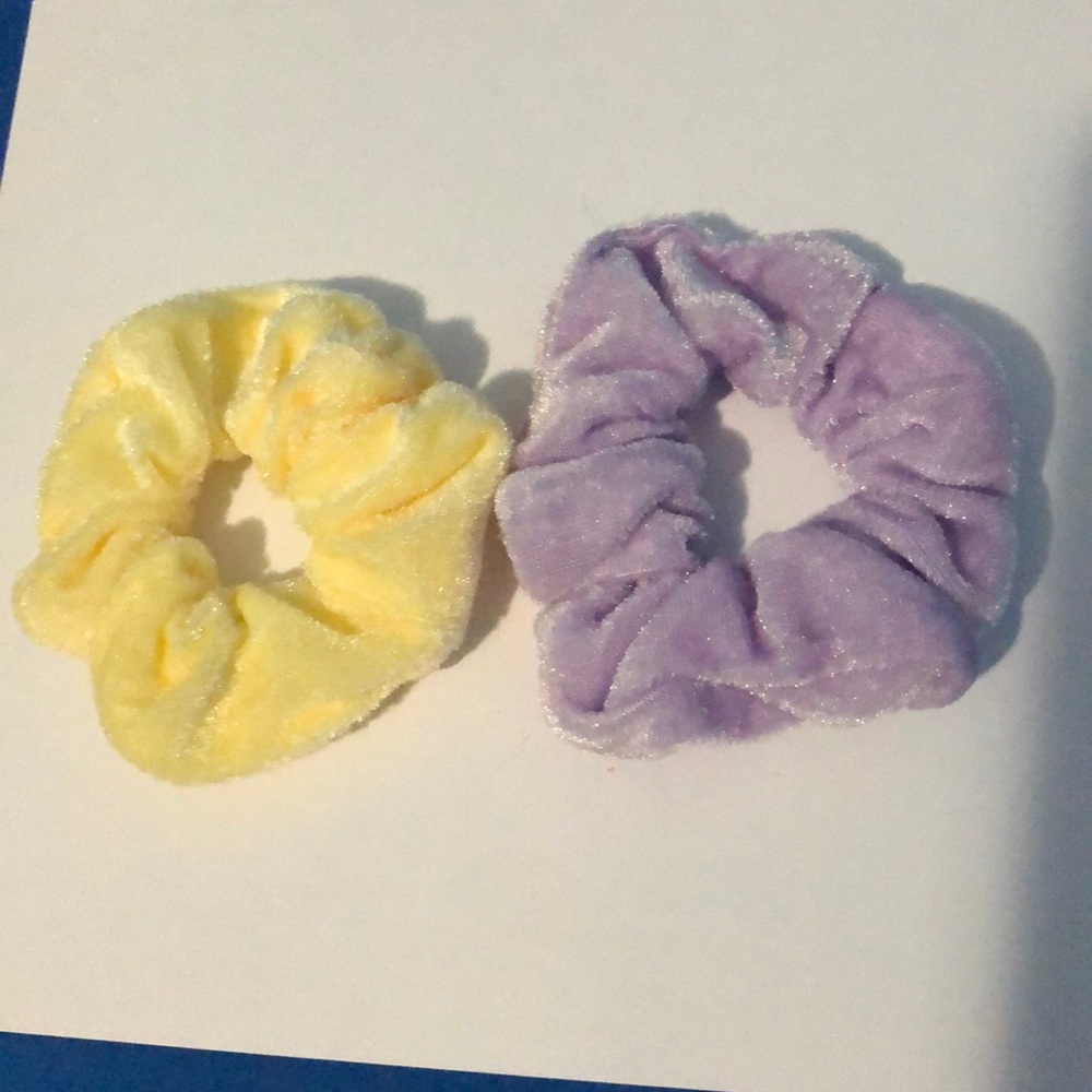 Light yellow and light purple velvet scrunchies